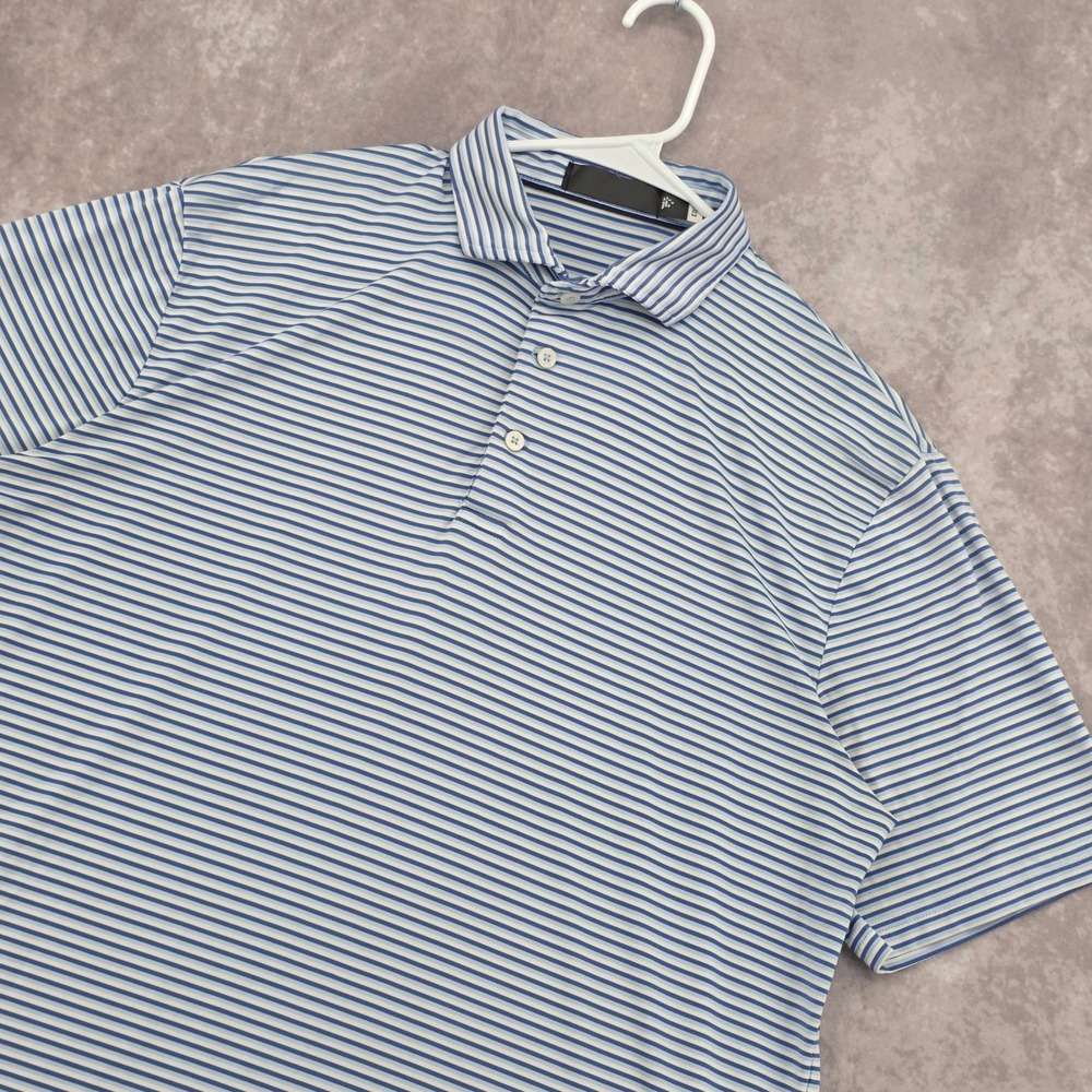 RLX Ralph Lauren Mens L/XL Golf Polo Shirt Blue Striped Short Sleeve Performance